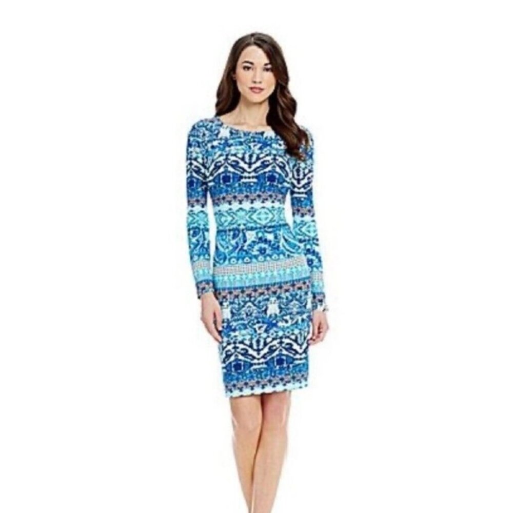 ANTONIO MELANI Blue Scuba Sheath Dress Womens Size 6 Abstract 3/4 Sleeve Work - Picture 1 of 9